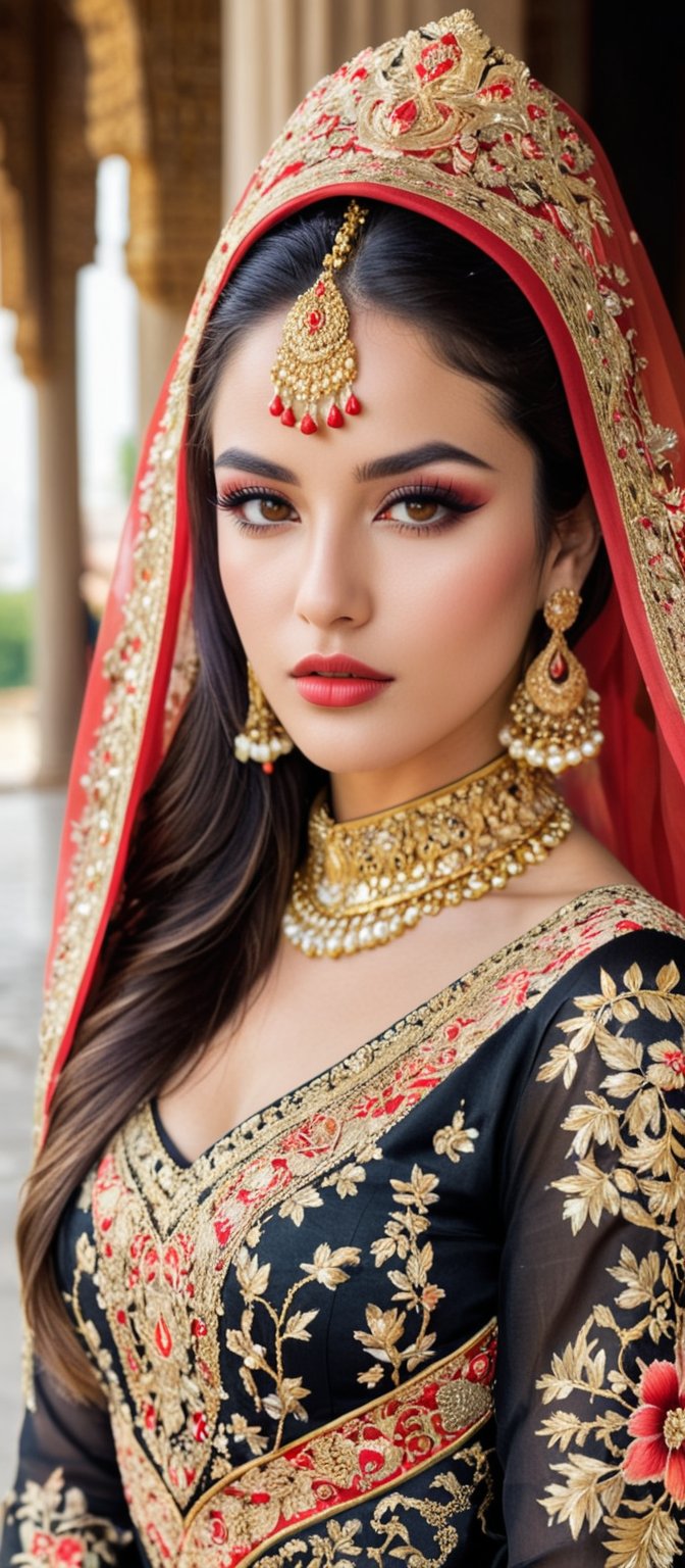 Generate hyper realistic image of a highly detailed portrayal of a regal and elegant woman dressed in traditional, ornate attire, blending elements of cultural and fantasy aesthetics. The woman is dressed in a luxurious black gown intricately adorned with golden embroidery and red accents. The gown has rich patterns running across the sleeves and hem, featuring geometric shapes and floral motifs. She wears a beautifully designed red and black headscarf draped over her head, with red floral patterns and golden embroidery that mirror the designs on her dress. The scarf flows gracefully over her shoulders. Her face is strikingly beautiful, with delicate features. She has flawless, glowing skin, slightly blushed cheeks, and full lips painted in a soft pink color. Her almond-shaped eyes are accentuated with subtle makeup. Long, flowing dark brown hair peeks out from beneath her headscarf. The backdrop is an ancient grand palace.