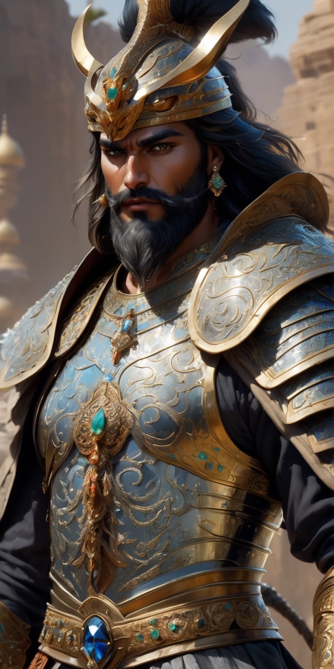 Generate hyper realistic image of a Persian warrior whose armor is adorned with jewels and serpentine motifs. The Jeweled Serpent Skirmisher wields a unique weapon inspired by the fangs of a serpent, moving with a fluidity that mirrors the creature they draw inspiration from.