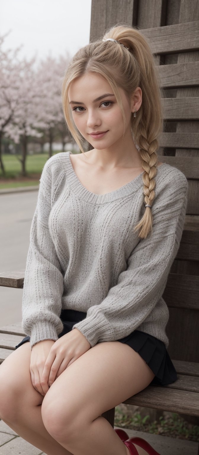 Generate hyper realistic image of a woman with long,  blonde hair styled in a ponytail adorned with a hair bow. She sits o...