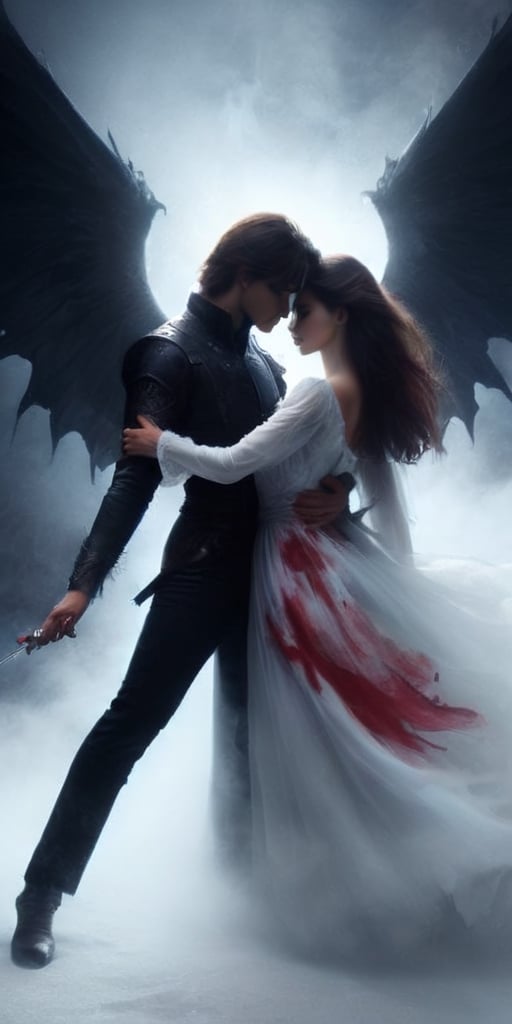 Generate hyper realistic image of a forbidden love that blooms between two vampires, their immortal hearts entwined in a passionate and dangerous dance, bound by an insatiable thirst for blood and the eternal darkness that surrounds them.