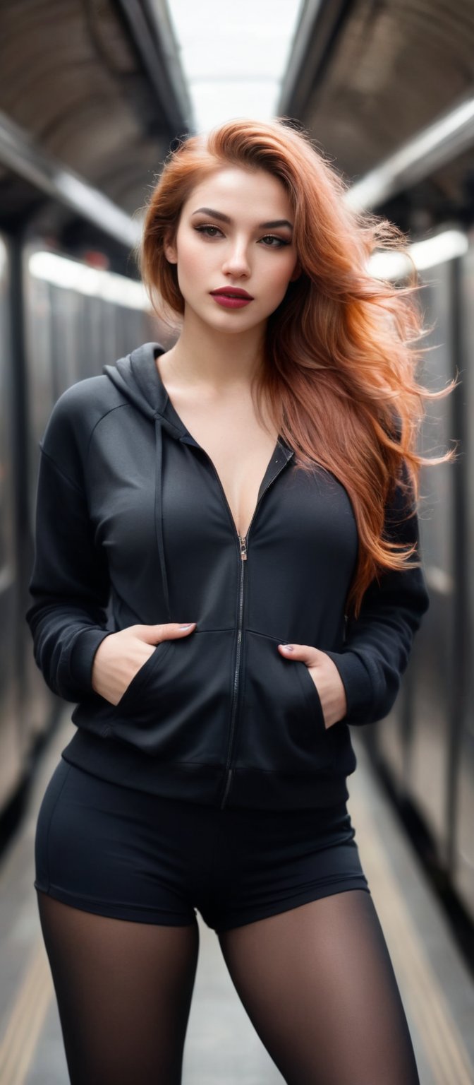Generate hyper realistic image of a woman with flowing hair that cascades down her back. She is looking at the viewer with...