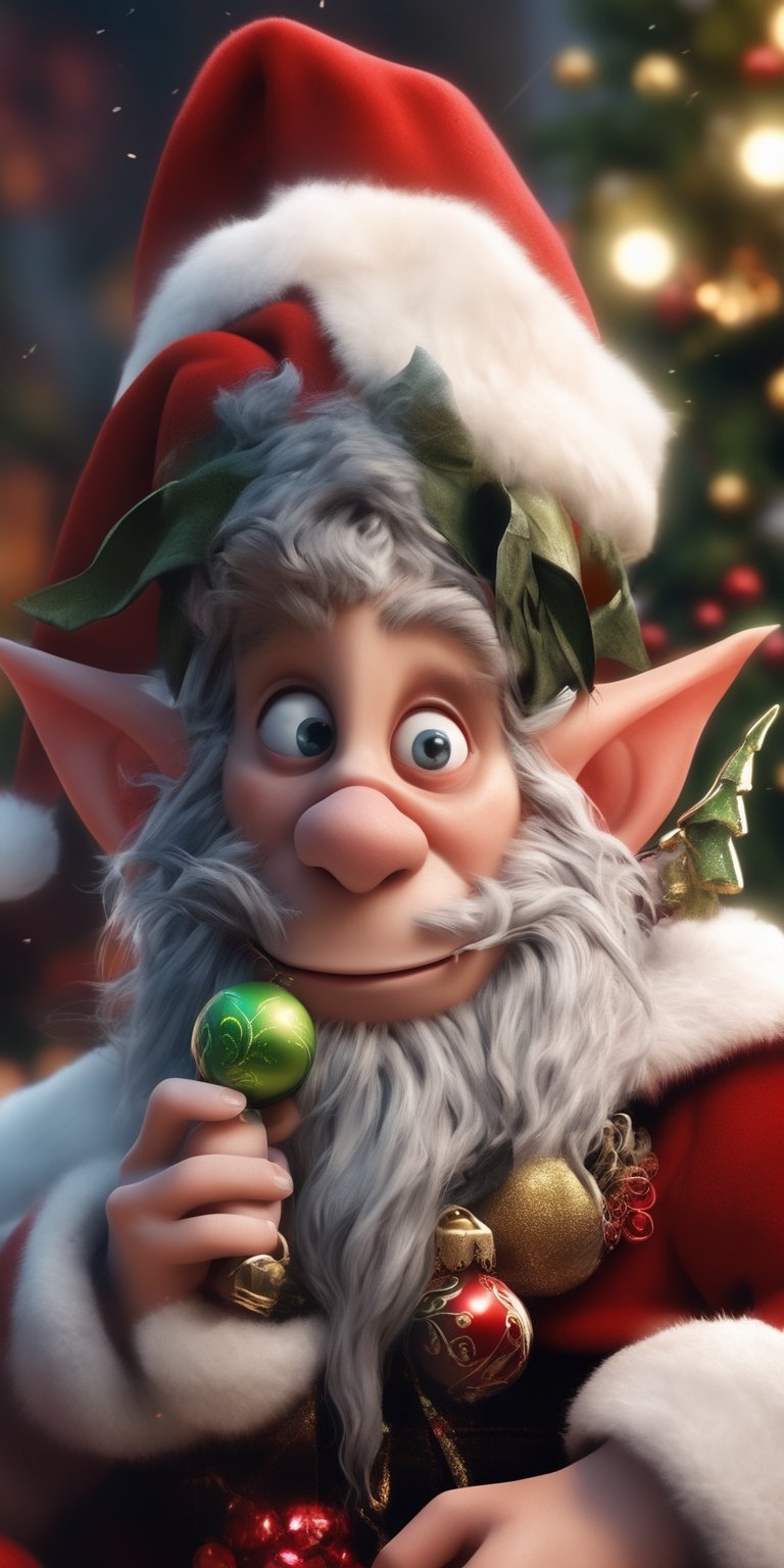 Generate hyper realistic image of an intensely detailed and visually captivating image of a scary Santa's elf transformed...
