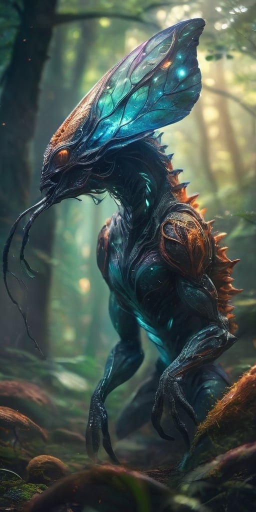 Generate hyper realistic image of a creature from another galaxy that defies conventional taxonomy. Describe its amorphous...