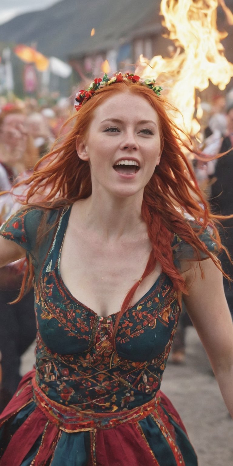 Generate hyper realistic image of a scene featuring a Nordic woman in festive attire, her flame-red hair woven with ribbons. She dances amidst a lively celebration, the vibrant colors of her dress contrasting with the lively atmosphere of a traditional Nordic festival. upper body shot,Extremely Realistic