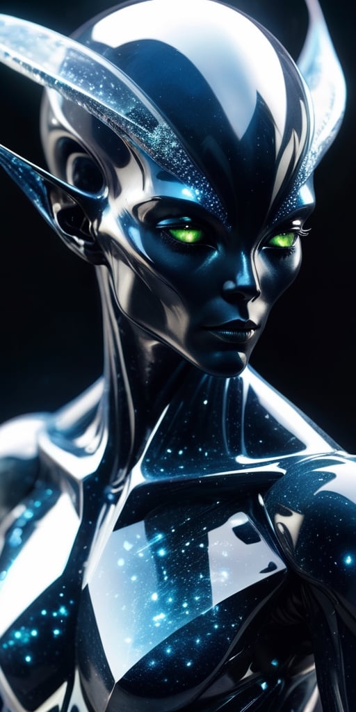 Generate hyper realistic image of a crystalline humanoid alien hybrid,  with translucent skin revealing intricate crystall...