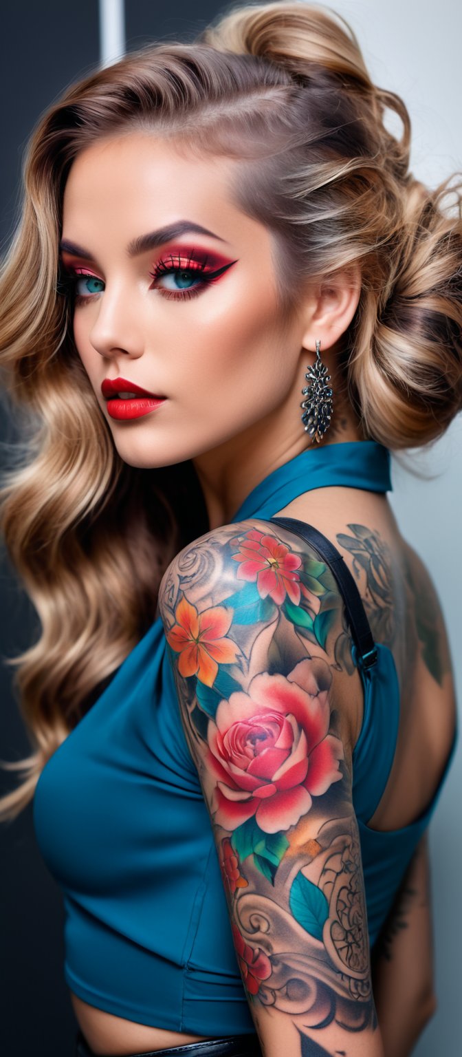 Generate hyper realistic image of a woman posing in an eye-catching outfit with a prominent tattoo. The woman has long,  l...