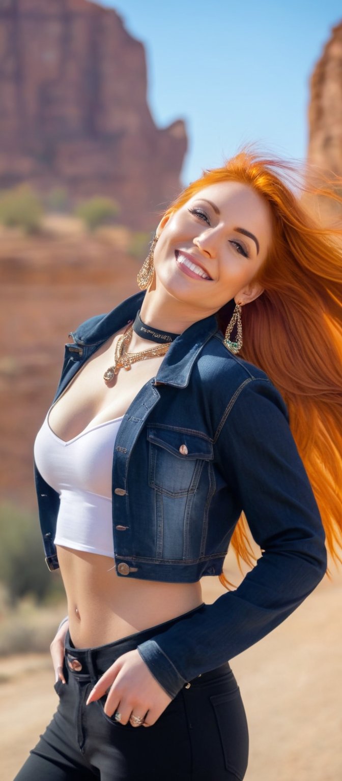 Generate hyper realistic image of a woman with flowing orange hair that cascades down her back,  looking at the viewer wit...