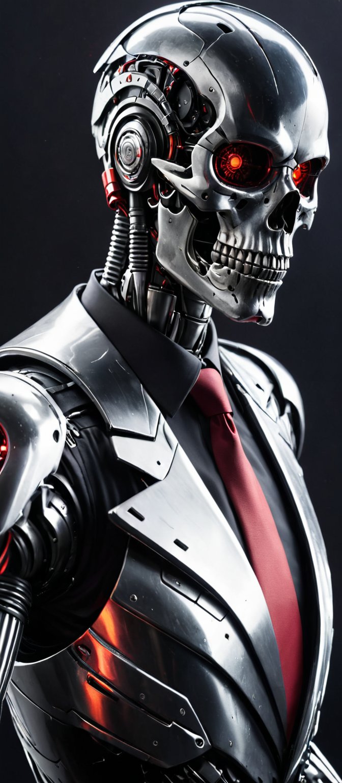 Generate hyper realistic image of a medium-angle shot of a Skull robot, dressed in a sleek black suit with a bold red tie and a gleaming silver helmet. The robot's face has black eyes and a silver headband, and it's wearing black gloves. Its right arm is raised while its left arm is bent, gripping a black gun. The stark black background contrasts sharply with the outfit.