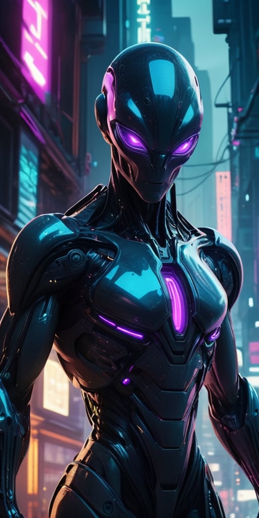 Generate hyper realistic image of a scene featuring a cybernetically enhanced alien being,  their body merging with dark m...