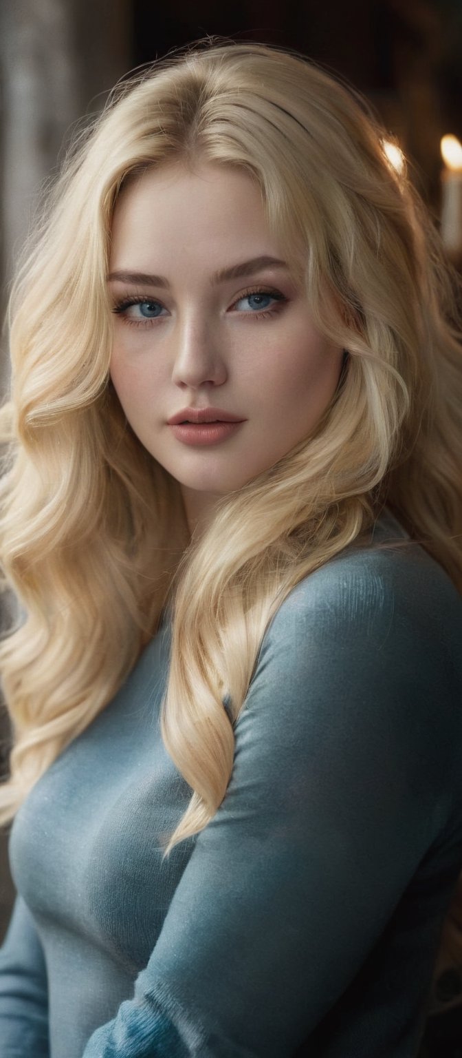 Generate hyper realistic image of a mesmerizing woman whose seductive charm emanates from every glance,  her long hair cas...