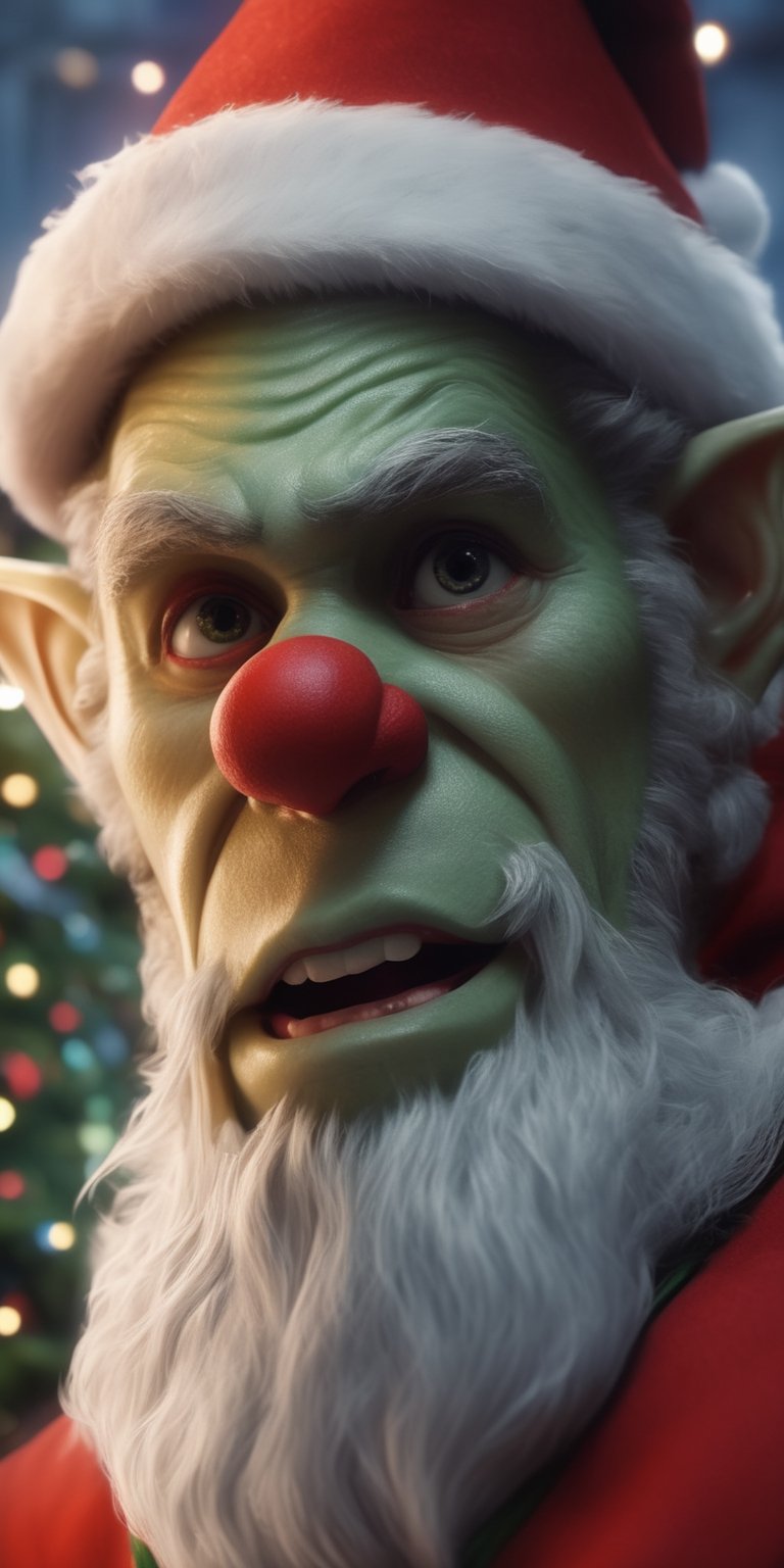 Generate hyper realistic image of an intensely detailed and visually captivating image of a scary Santa's elf transformed...