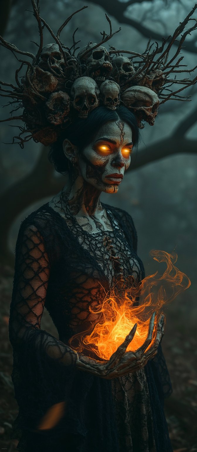 Generate hyper realistic image of a dark, haunting woman with macabre and mystical features. Her face is eerie and skeletal, covered in intricate patterns that resemble roots and vines, giving it a decaying, earthy appearance. Her eyes glow a bright, fiery orange. She is wearing crown-like headpiece made of twisted branches and skulls. The branches fan out from her head, some of them resembling gnarled tree roots, while numerous skulls are embedded within the design. Her clothing is dark and lacy, resembling an ancient, decayed wedding dress. The delicate lace details are contrasted by the rough, bark-like textures that blend into her skin. Her hands are elongated and bony, with sharp, claw-like fingers. Her body is mostly obscured by her dark clothing and the glowing energy she manipulates. The background is dark and shrouded in mist, with faint outlines of twisted trees and decaying branches.