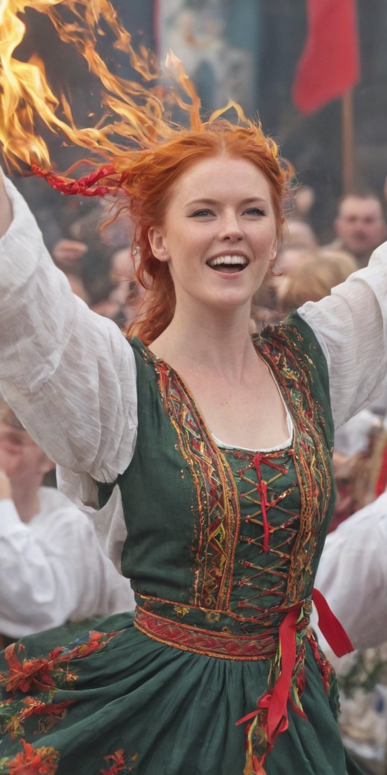 Generate hyper realistic image of a scene featuring a Nordic woman in festive attire, her flame-red hair woven with ribbons. She dances amidst a lively celebration, the vibrant colors of her dress contrasting with the lively atmosphere of a traditional Nordic festival. upper body shot,Extremely Realistic