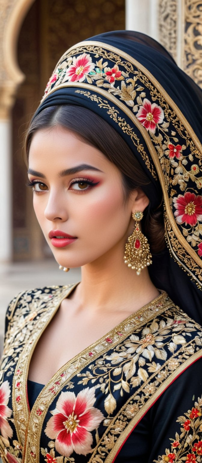 Generate hyper realistic image of a highly detailed portrayal of a regal and elegant woman dressed in traditional, ornate attire, blending elements of cultural and fantasy aesthetics. The woman is dressed in a luxurious black gown intricately adorned with golden embroidery and red accents. The gown has rich patterns running across the sleeves and hem, featuring geometric shapes and floral motifs. She wears a beautifully designed red and black headscarf draped over her head, with red floral patterns and golden embroidery that mirror the designs on her dress. The scarf flows gracefully over her shoulders. Her face is strikingly beautiful, with delicate features. She has flawless, glowing skin, slightly blushed cheeks, and full lips painted in a soft pink color. Her almond-shaped eyes are accentuated with subtle makeup. Long, flowing dark brown hair peeks out from beneath her headscarf. The backdrop is an ancient grand palace.