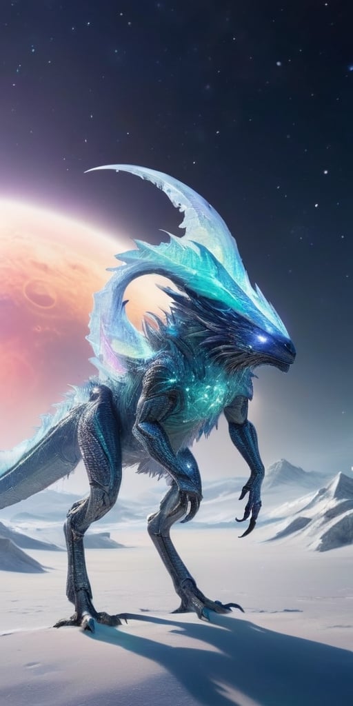 Generate hyper realistic image of a creature from a distant moon,  where the surface is covered in icy terrain. Visualize...