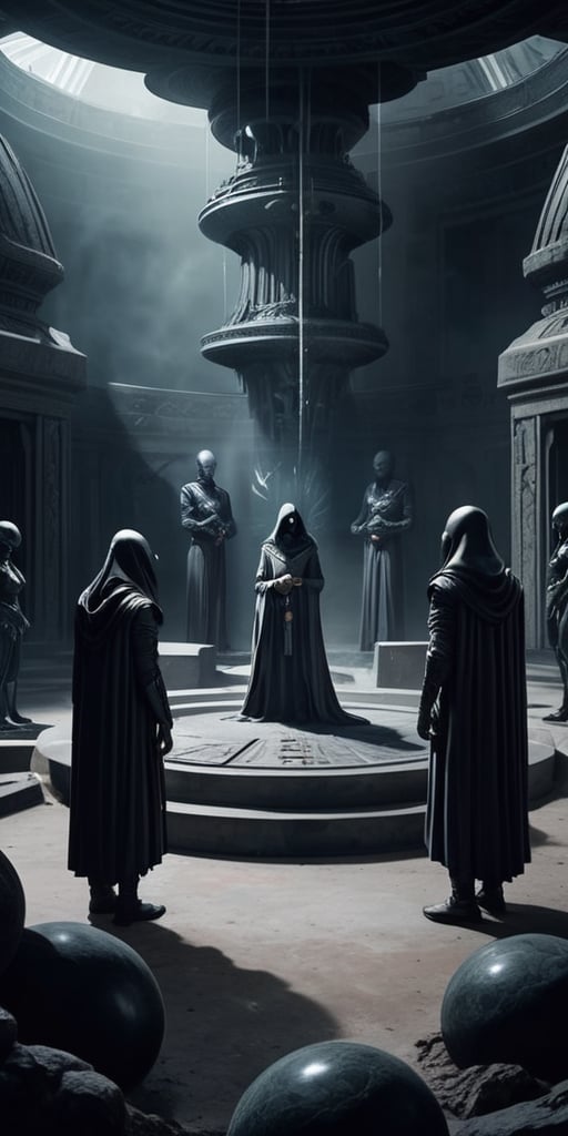 Generate hyper realistic image of a scene featuring a group of extraterrestrial beings conducting a dark and mysterious ce...