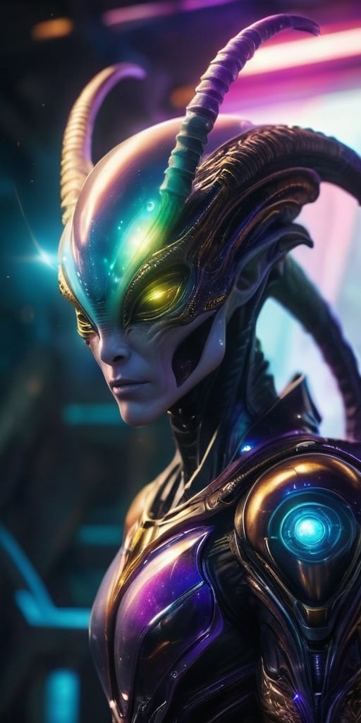 Generate hyper realistic image of an alien,  adorned with majestic horns and advanced extraterrestrial armor. The figure h...