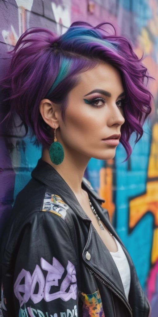 Generate hyper realistic image of a woman with vibrant purple hair, donning eclectic and eccentric fashion, posing against a graffiti-covered urban wall filled with vibrant street art, symbolizing a bold and unconventional style.photography style,Extremely Realistic,