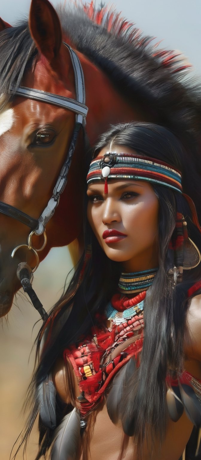 Generate hyper realistic image of a native woman exuding strength and beauty. She has long,  flowing black hair adorned wi...