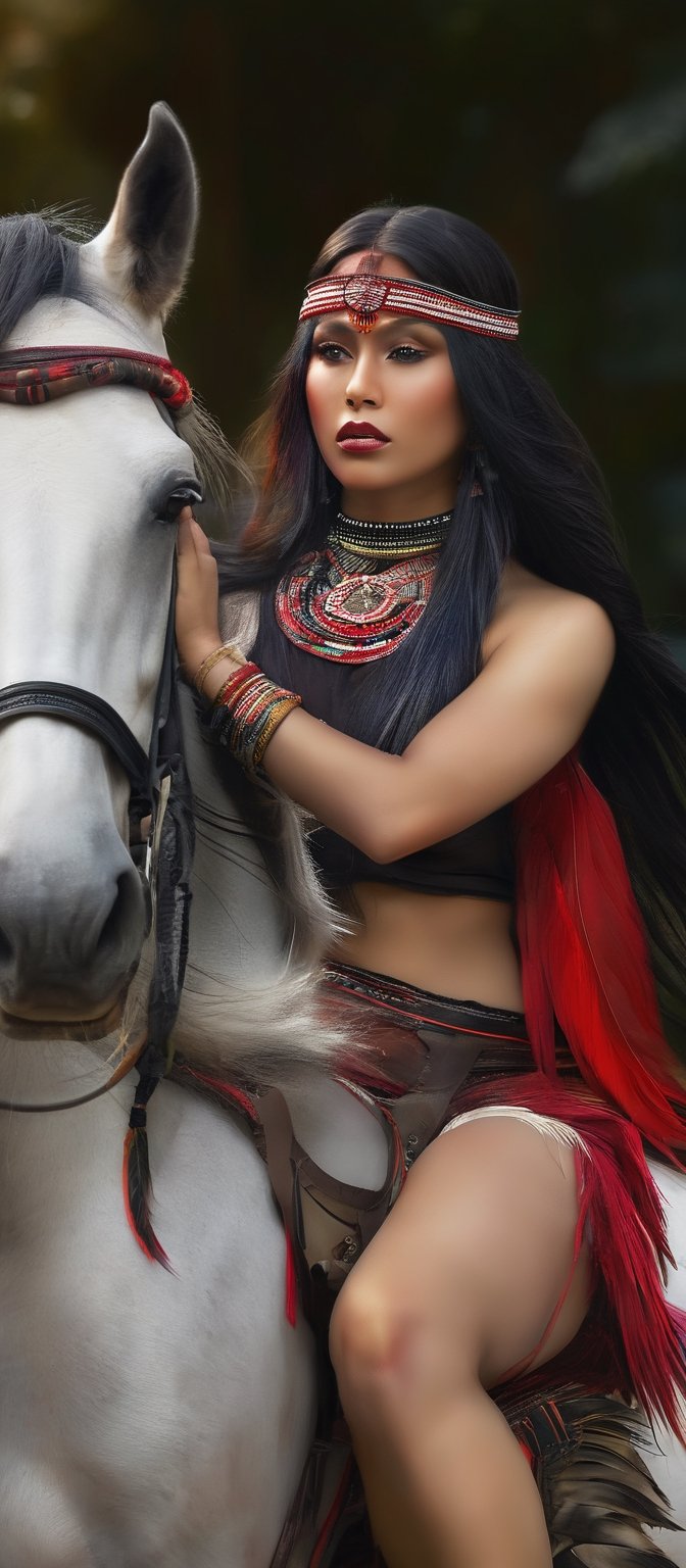 Generate hyper realistic image of a native woman exuding strength and beauty. She has long,  flowing black hair adorned wi...