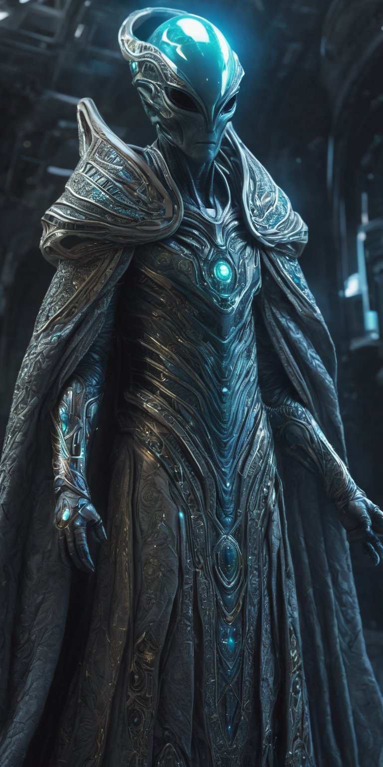 Generate hyper realistic image of an alien with mystical powers,  donned in intricate cosmic robes,  navigating a futurist...