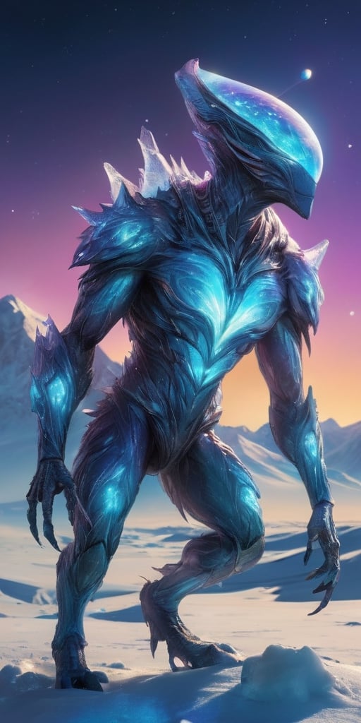Generate hyper realistic image of a creature from a distant moon,  where the surface is covered in icy terrain. Visualize...