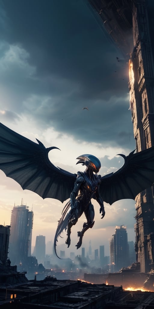 Generate hyper realistic image of alien entities with biomechanical wings,  soaring through the darkened skies as they unl...