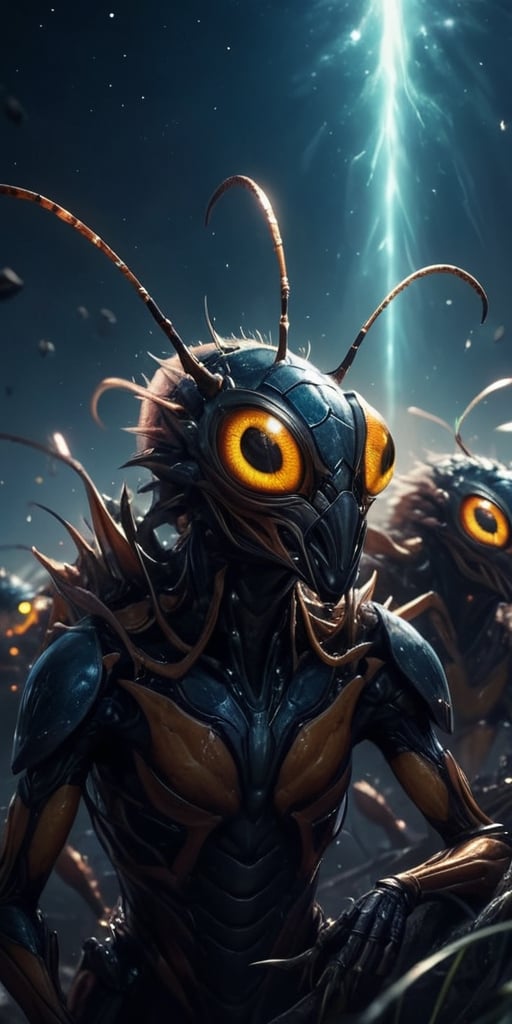 Generate hyper realistic image of a nightmarish depiction of a swarm of interdimensional insectoid creatures,  each with r...