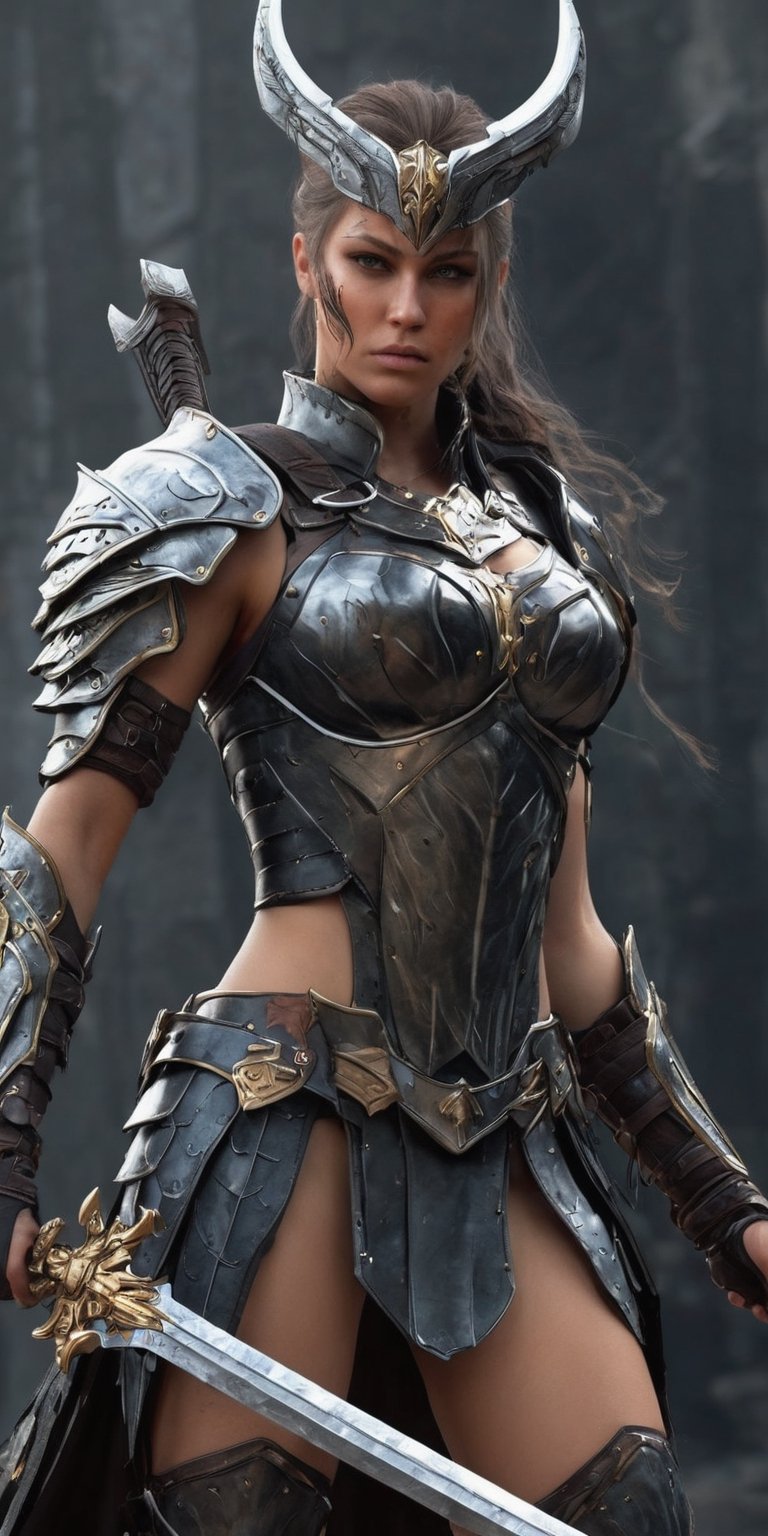 Generate hyper realistic image of a valkyrie corrupted by malevolent forces,  her once-glorious armor now tainted,  wieldi...