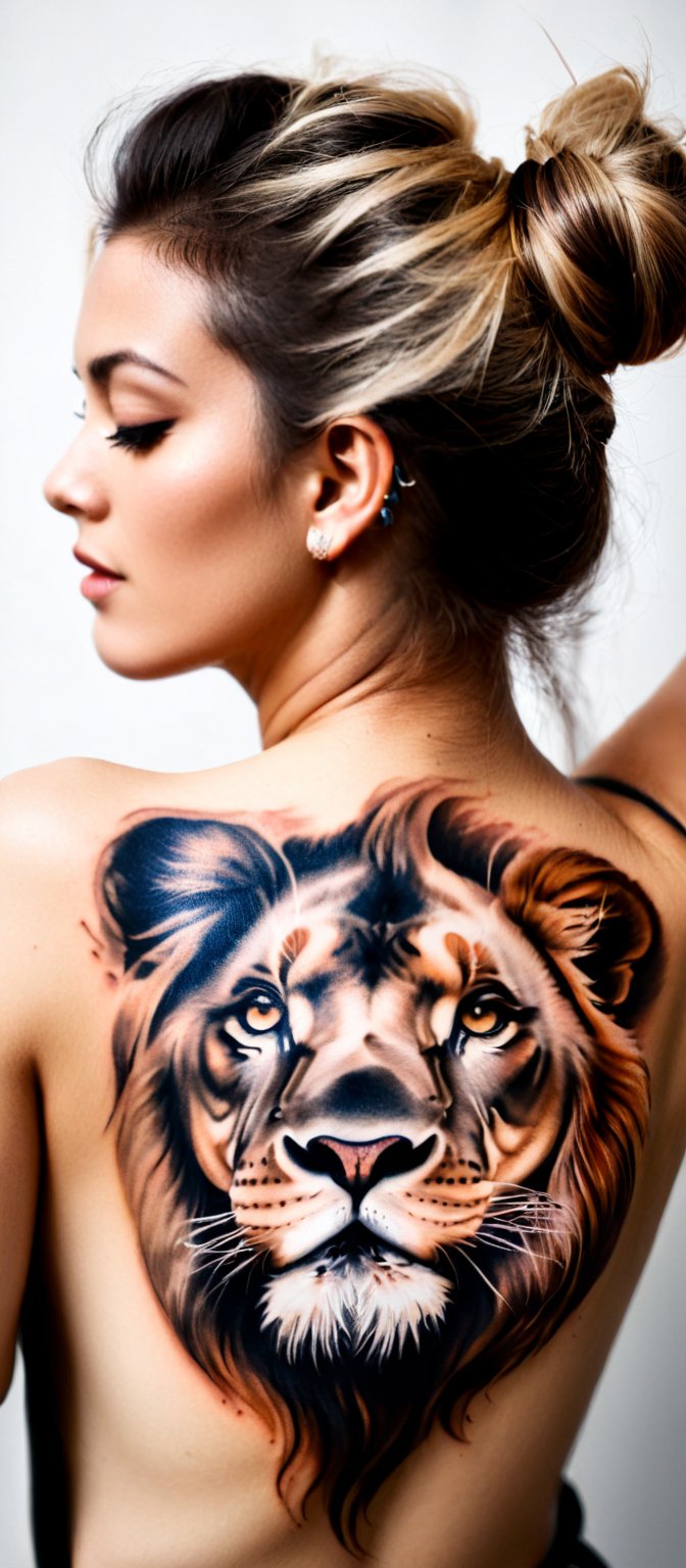 Generate hyper realistic image of a woman with a remarkable and powerful tattoo design on her back. The woman is shown from behind, with her head turned slightly to the side, giving a partial view of her profile. Her arms are raised and resting on her shoulders, emphasizing the back tattoo. The tattoo is a striking and artistic composition, combining a majestic lion's face with two cubs. The lion's face is detailed and realistic, with expressive eyes and a flowing mane that blends seamlessly into the woman's skin. The lions cubs are prominently positioned, one at the top of the tattoo near her neck and the other overlapping the lion's face. The woman's hair is styled in a simple, loose bun, allowing the tattoo to be fully visible. The background is neutral and unobtrusive.