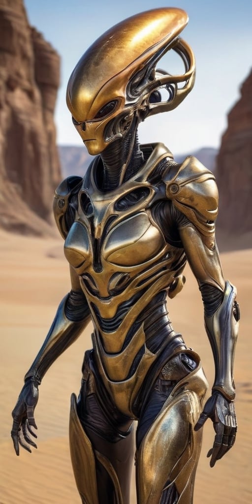Generate hyper realistic image of an alien race with metallic,  chitinous exoskeletons,  reflecting the light in a mesmeri...