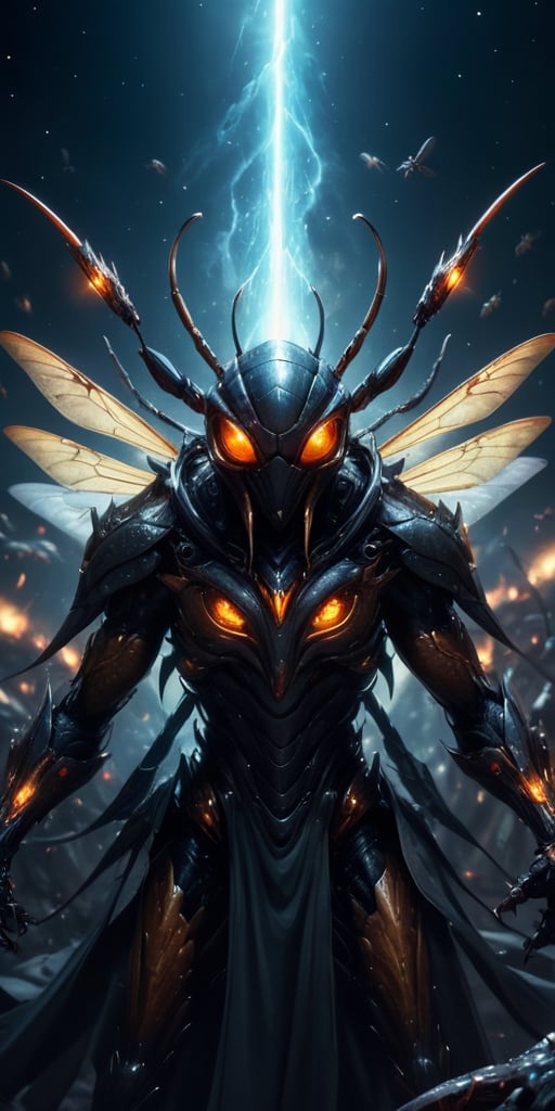 Generate hyper realistic image of a nightmarish depiction of a swarm of interdimensional insectoid creatures,  each with r...