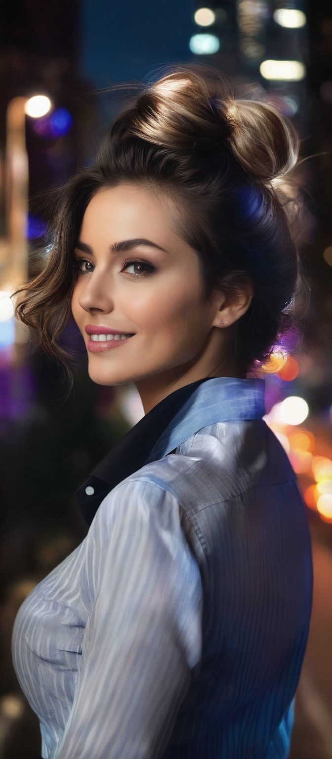 Generate hyper realistic image of a woman standing in front of a nighttime cityscape, with flowing brunette hair cascading down her back. She faces the viewer with a smile, her large breasts accentuated by a light blue and white striped shirt. The shirt is detailed with a black collar, white stripes, and an emblem on the right side of the chest that reads "meow". The scene includes a car driving down a street lined with street lights, capturing the city’s vibrant nighttime atmosphere. Her hair is pulled back.