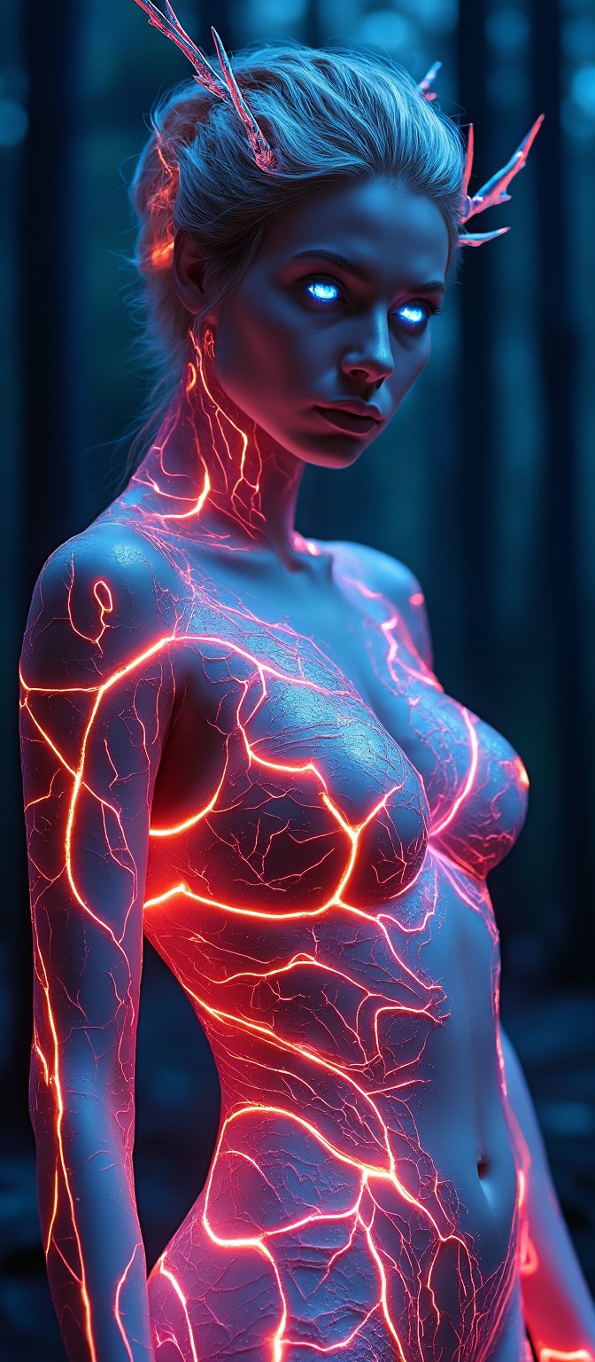 Generate hyper realistic image of a bioluminescent woman with a fantastical and alien appearance. The woman has an intense, otherworldly gaze. Her eyes are glowing bright blue, illuminated from within, and are strikingly detailed. Her skin appears smooth but with a slight metallic sheen. Her expression is serene, yet powerful. Her hair is white or silver, styled in an elegant updo. Thin, glowing wires intertwine with her hair. She wears a striking headpiece that looks like antlers, made of a bio-mechanical material. The headpiece glows with hues of pink, red, and purple, with delicate strands of glowing wires emanating from it. Her body is covered in an intricate web of bioluminescent lines and patterns that resembl veins glowing in various colors highlighting her curves. Her outfit merges seamlessly with her skin, as if it is growing out of her body. It has a glossy, organic look with glowing accents, resembling a symbiosis of plant life and advanced technology. The background is dark and blurred, with hints of a forest or natural environment.