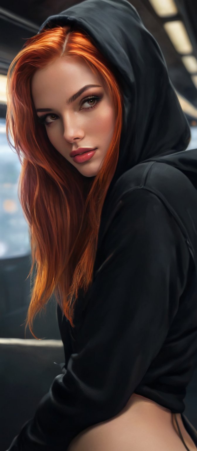 Generate hyper realistic image of a woman with flowing red hair with black strands that cascades down her back. She is loo...