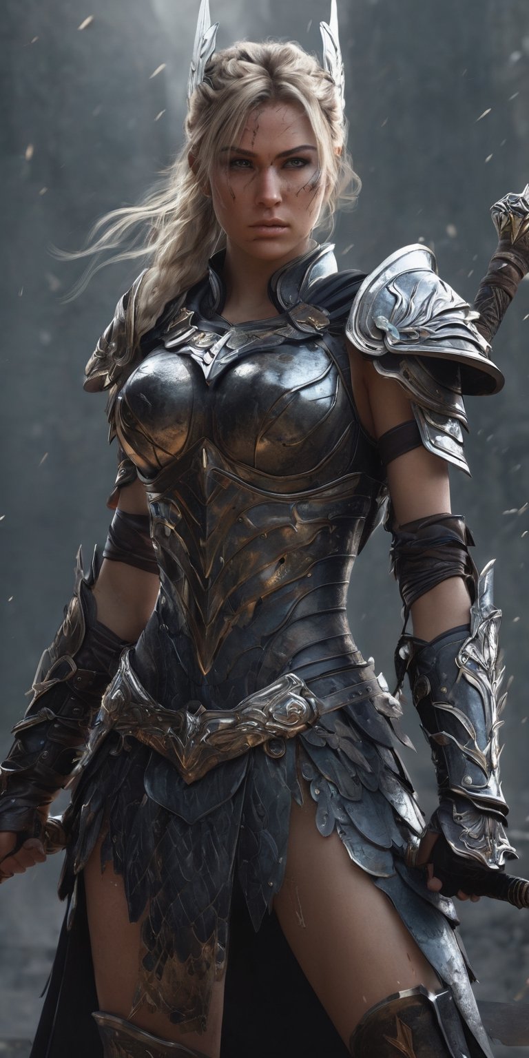 Generate hyper realistic image of a valkyrie corrupted by malevolent forces,  her once-glorious armor now tainted,  wieldi...