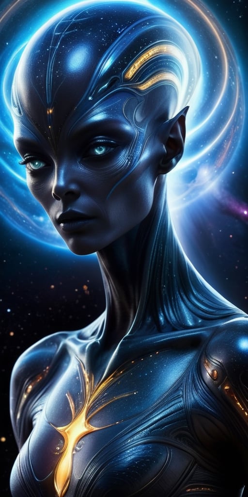 Generate hyper realistic image of a celestial-energy alien hybrid,  with radiant energy emanating from their body,  celest...