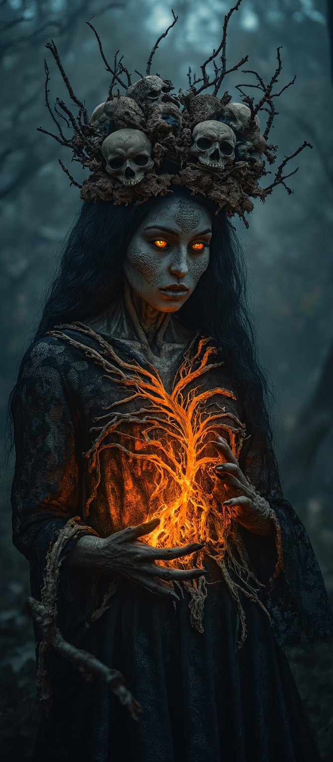 Generate hyper realistic image of a dark, haunting woman with macabre and mystical features. Her face is eerie and skeletal, covered in intricate patterns that resemble roots and vines, giving it a decaying, earthy appearance. Her eyes glow a bright, fiery orange. She is wearing crown-like headpiece made of twisted branches and skulls. The branches fan out from her head, some of them resembling gnarled tree roots, while numerous skulls are embedded within the design. Her clothing is dark and lacy, resembling an ancient, decayed wedding dress. The delicate lace details are contrasted by the rough, bark-like textures that blend into her skin. Her hands are elongated and bony, with sharp, claw-like fingers. Her body is mostly obscured by her dark clothing and the glowing energy she manipulates. The background is dark and shrouded in mist, with faint outlines of twisted trees and decaying branches.