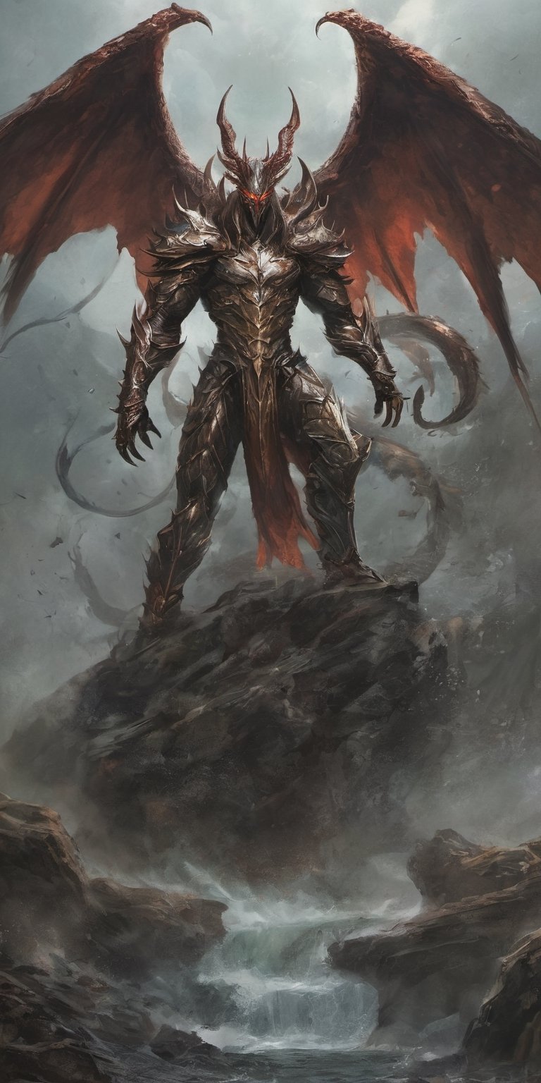 Create a realistic photo of Prince of hell leviathan. Leviathan spreads his wings, totaling eight wings in total, showing that Leviathan is above the Seraphim who have six wings, but still below the True Archangels who have twelve wings. Leviathan clads himself in armor made from the scales of a primordial monster, tougher than diamond and adamant. The armor covers his entire body, with the exception of his head. .Sharp focus, high detailed ,background of hell.,flmngprsn,DonML1quidG0ldXL ,monster,more detail XL