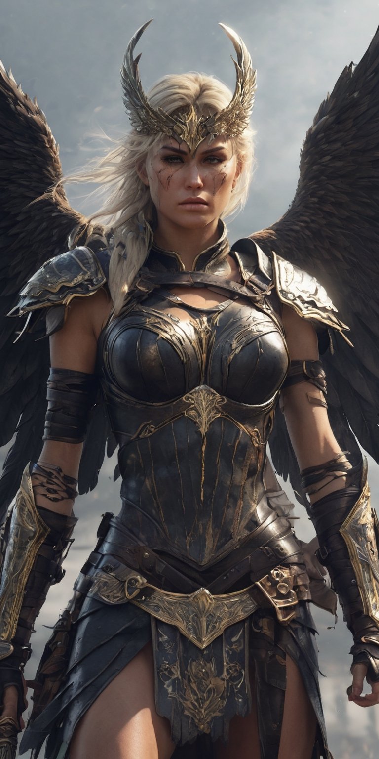 Generate hyper realistic image of a valkyrie corrupted by malevolent forces,  her once-glorious armor now tainted,  wieldi...