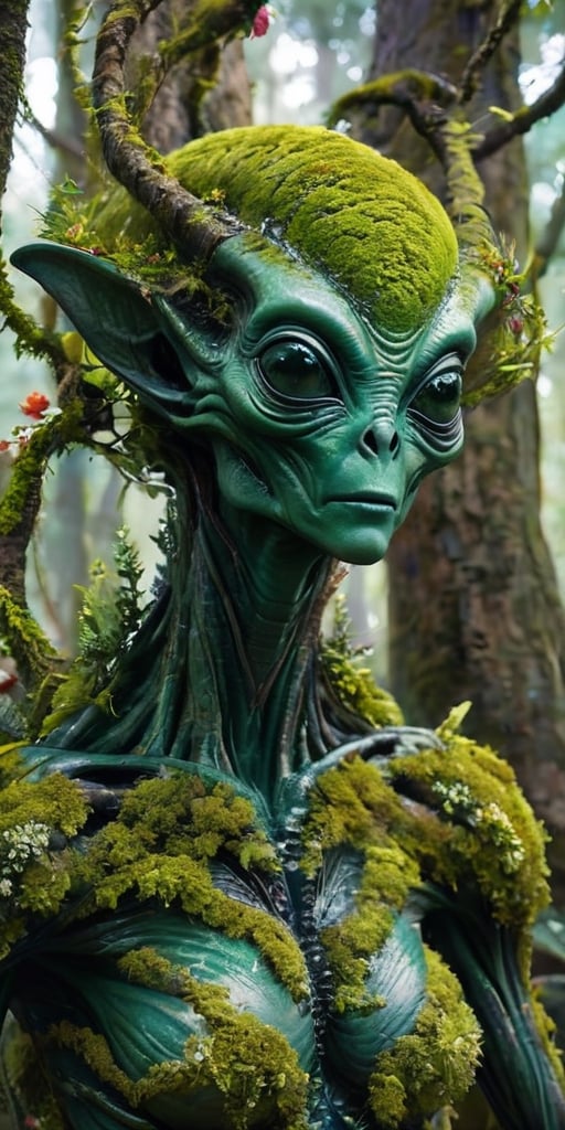 Generate hyper realistic image of an alien. they have a robust,  quadrupedal body covered in bark-like skin that blends se...