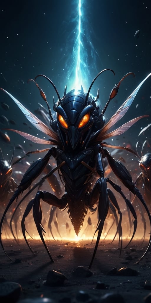 Generate hyper realistic image of a nightmarish depiction of a swarm of interdimensional insectoid creatures,  each with r...