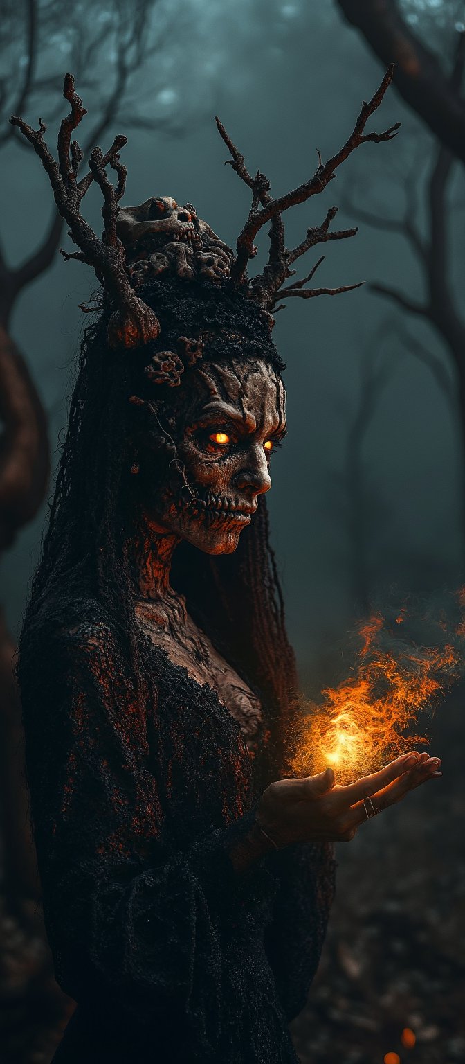 Generate hyper realistic image of a dark, haunting woman with macabre and mystical features. Her face is eerie and skeletal, covered in intricate patterns that resemble roots and vines, giving it a decaying, earthy appearance. Her eyes glow a bright, fiery orange. She is wearing crown-like headpiece made of twisted branches and skulls. The branches fan out from her head, some of them resembling gnarled tree roots, while numerous skulls are embedded within the design. Her clothing is dark and lacy, resembling an ancient, decayed wedding dress. The delicate lace details are contrasted by the rough, bark-like textures that blend into her skin. Her hands are elongated and bony, with sharp, claw-like fingers. Her body is mostly obscured by her dark clothing and the glowing energy she manipulates. The background is dark and shrouded in mist, with faint outlines of twisted trees and decaying branches.