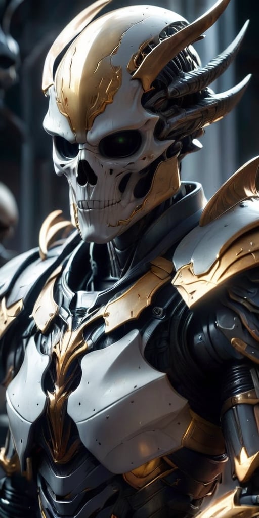 Generate hyper realistic image of a fearsome alien warrior dons a suit of armor constructed entirely from the bones and sk...