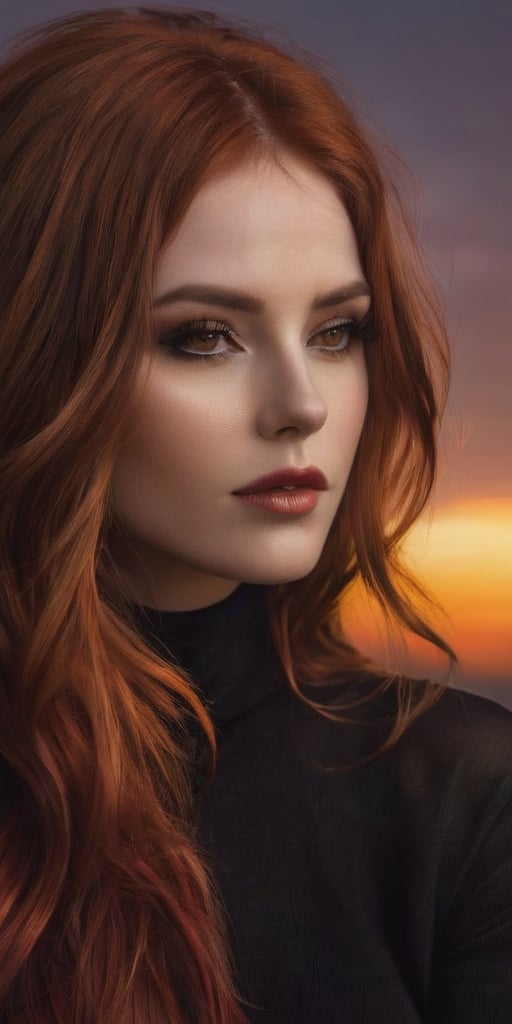 Generate hyper realistic image of a beautiful woman with lustrous red hair cascading in the warm glow of a sunset. She wea...