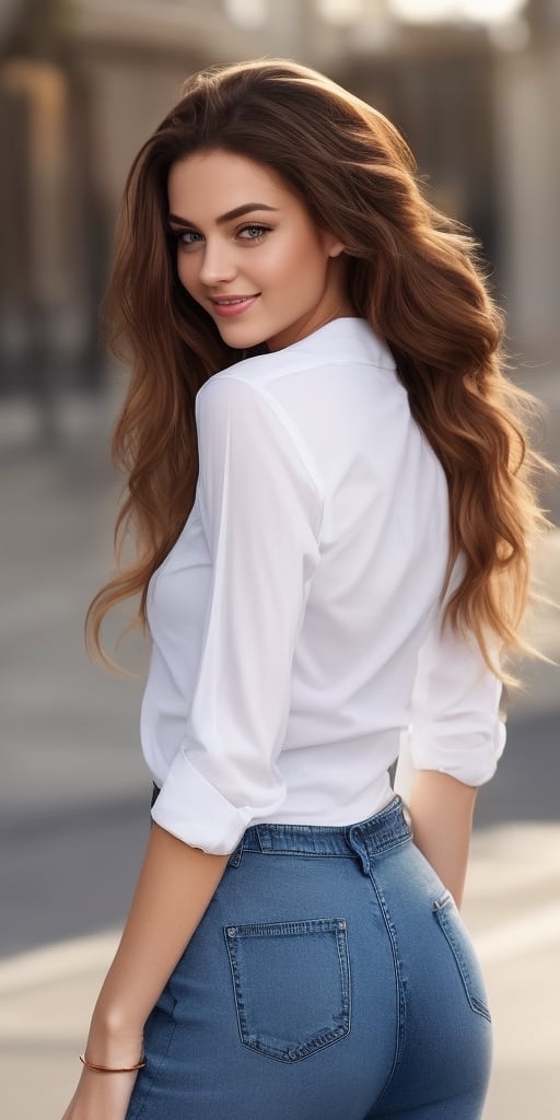 Generate hyper realistic image of a beautiful woman with long, brown hair cascading down. She looks directly at the viewer with a warm smile, showcasing her brown eyes. Dressed in a simple yet stylish ensemble, she wears a white shirt, and her lips curve into a charming smile. The viewer sees her from behind as she looks over her shoulder, accentuating her figure in denim jeans. The photo background adds a touch of authenticity to this casually elegant scene.