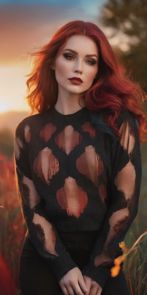 Generate hyper realistic image of a beautiful woman with lustrous red hair cascading in the warm glow of a sunset. She wea...