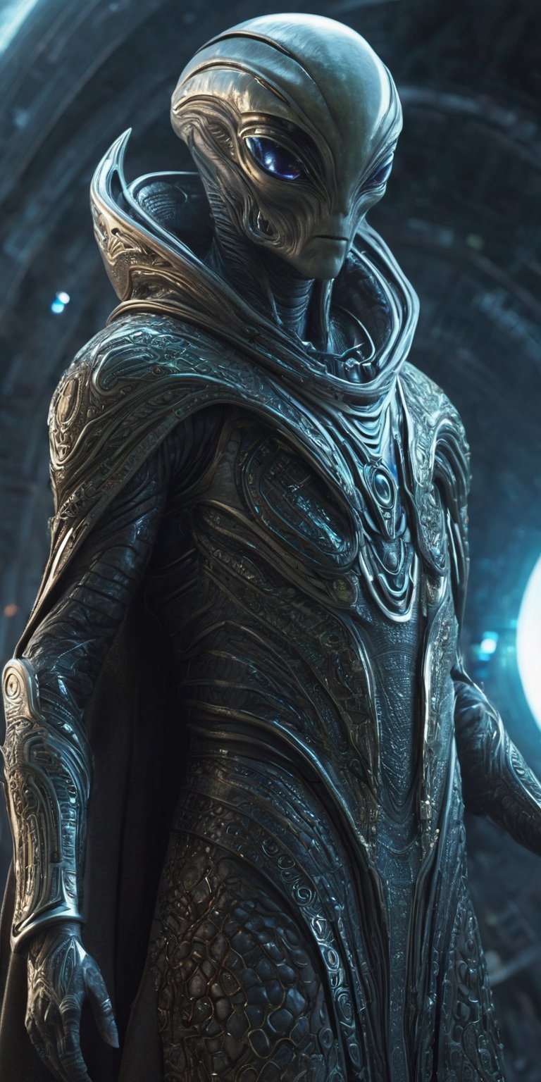 Generate hyper realistic image of an alien with mystical powers,  donned in intricate cosmic robes,  navigating a futurist...