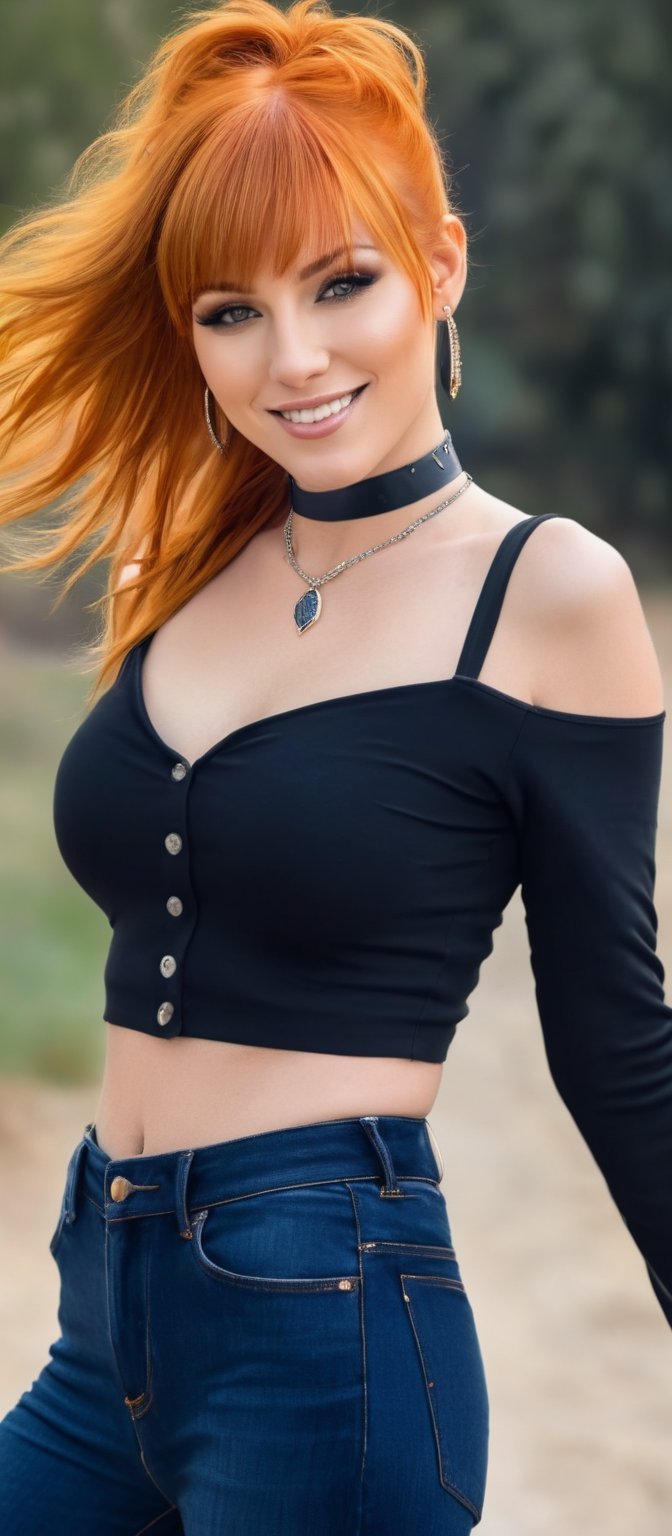 Generate hyper realistic image of a woman with flowing orange hair that cascades down her back,  looking at the viewer wit...