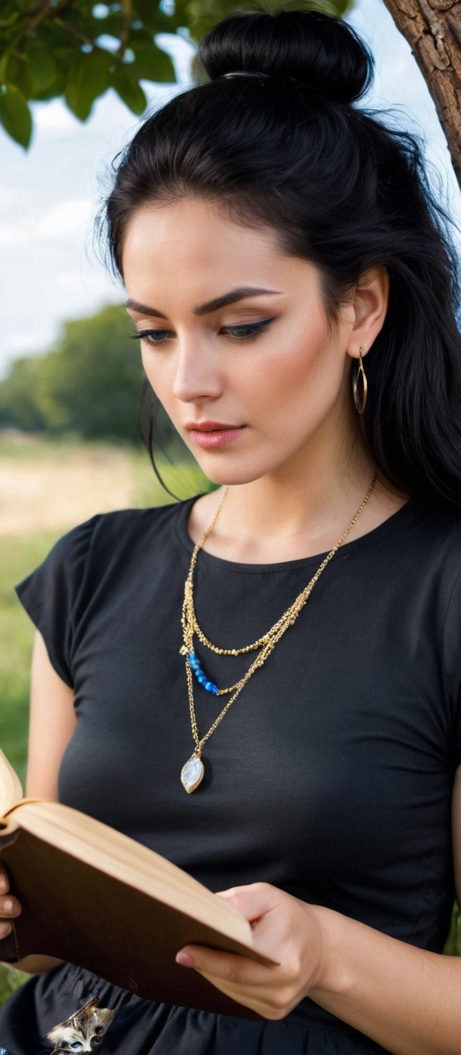 Generate hyper realistic image of a woman with long, black hair sitting outdoors beneath a tree, wearing a black shirt with short sleeves. She's holding an open book, her blue eyes looking directly at the viewer, with hoop earrings adorning her ears. A cat sits beside her, and she wears a necklace and bracelet, her lips subtly curved as if she's absorbed in reading.